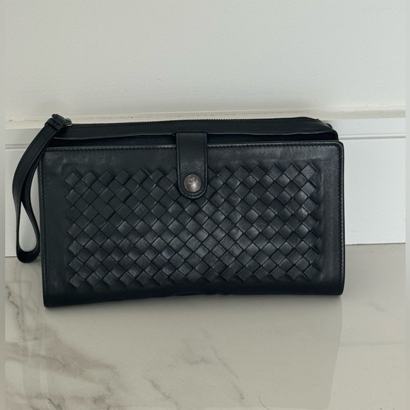 Bottega Veneta Intrecciato Leather Travel Organizer / Clutch/ Wallet / Black